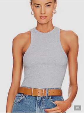 Annie Bing Eva Women's Gray Ribbed High-Neck Tank Top